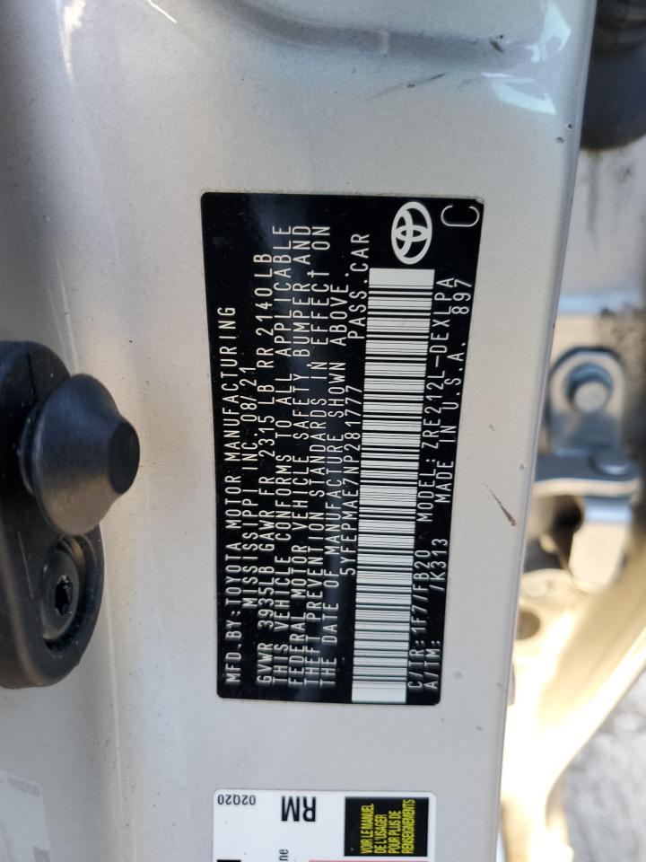 2022 TOYOTA COROLLA LE VIN:5YFEPMAE7NP281777