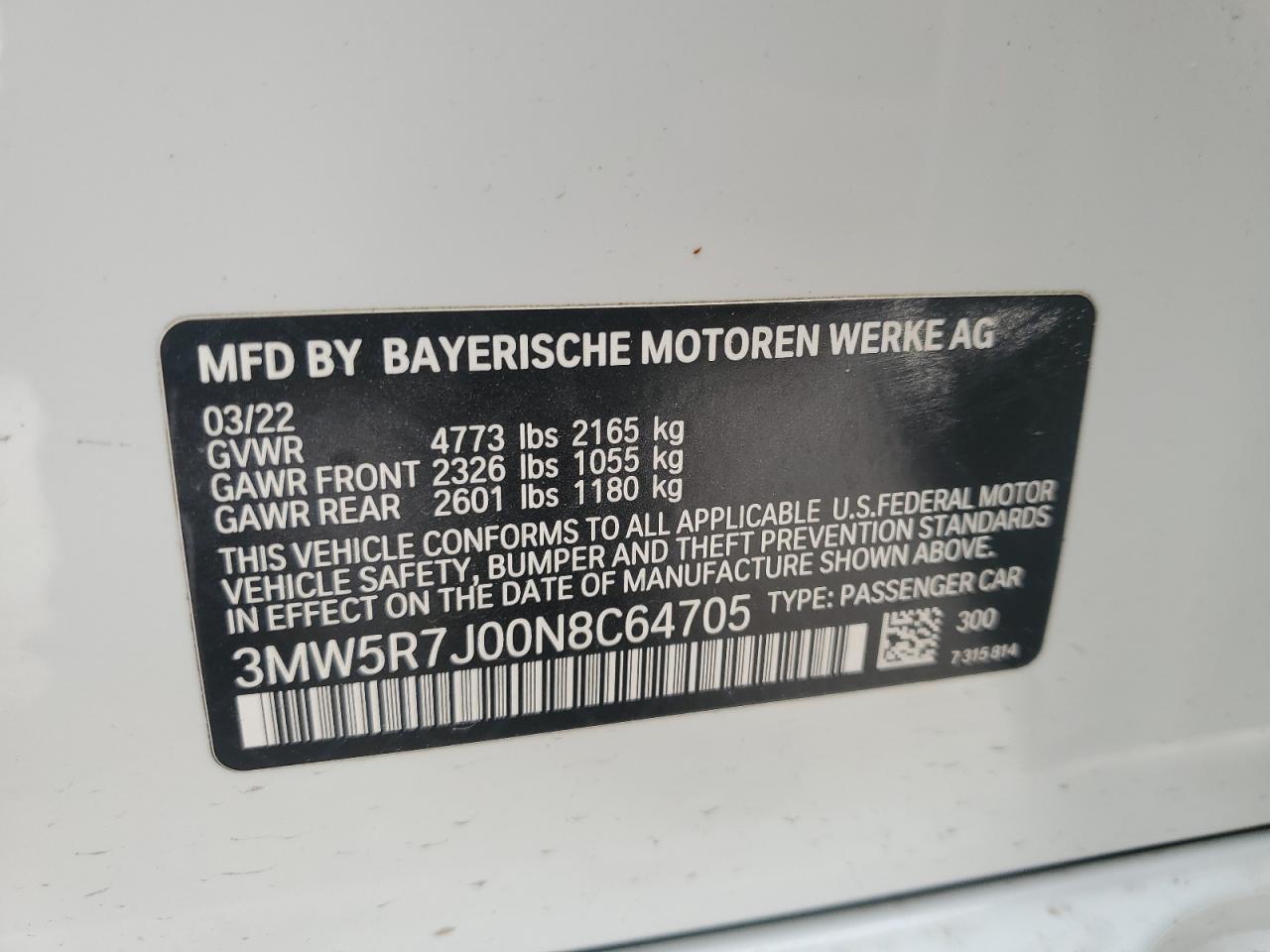 2022 BMW 330XI VIN:3MW5R7J00N8C64705
