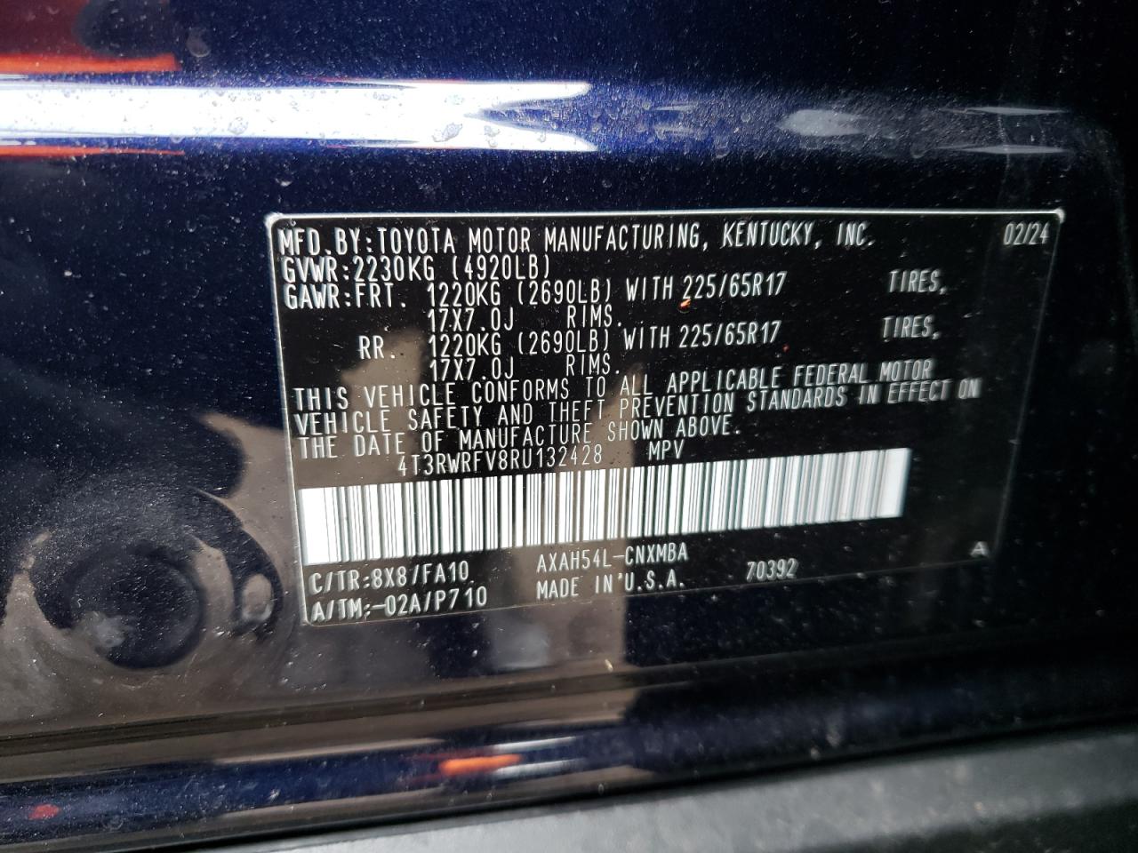 2024 TOYOTA RAV4 XLE VIN:4T3RWRFV8RU132428