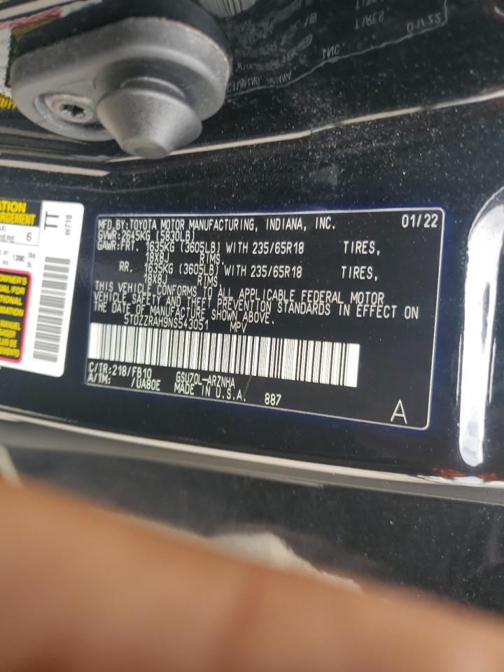 2022 TOYOTA HIGHLANDER L VIN:5TDZZRAH9NS543051