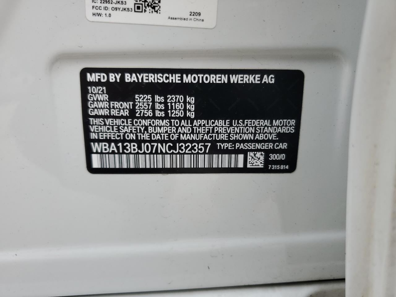 2022 BMW 530 XI VIN:WBA13BJ07NCJ32357