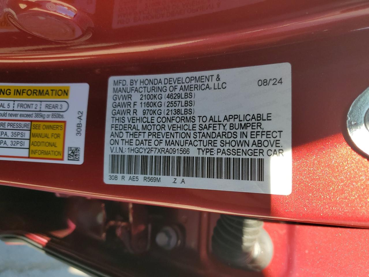 2024 HONDA ACCORD HYBRID SPORT-L VIN:1HGCY2F7XRA091566