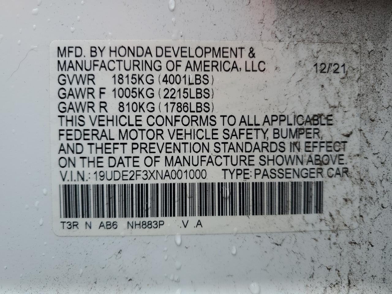 2022 ACURA ILX VIN:19UDE2F3XNA001000