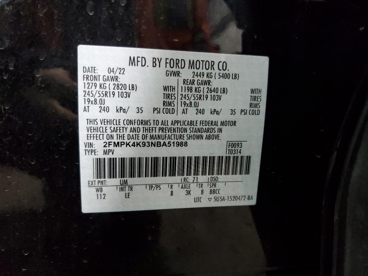 2022 FORD EDGE TITANIUM VIN:2FMPK4K93NBA51988