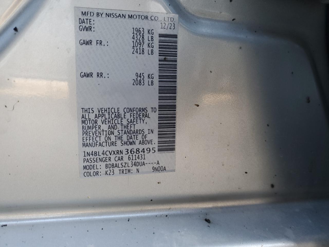 2024 NISSAN ALTIMA SR VIN:1N4BL4CVXRN368495