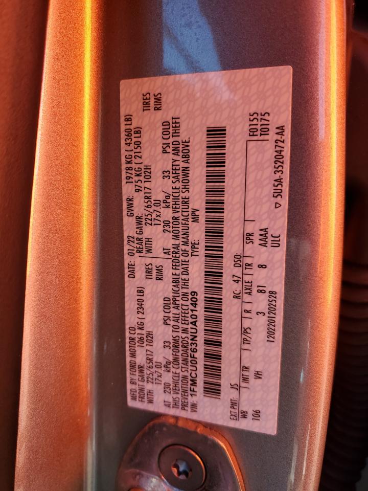 2022 FORD ESCAPE S VIN:1FMCU0F63NUA01409