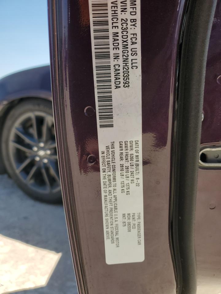 2022 DODGE CHARGER GT VIN:2C3CDXMG2NH203593