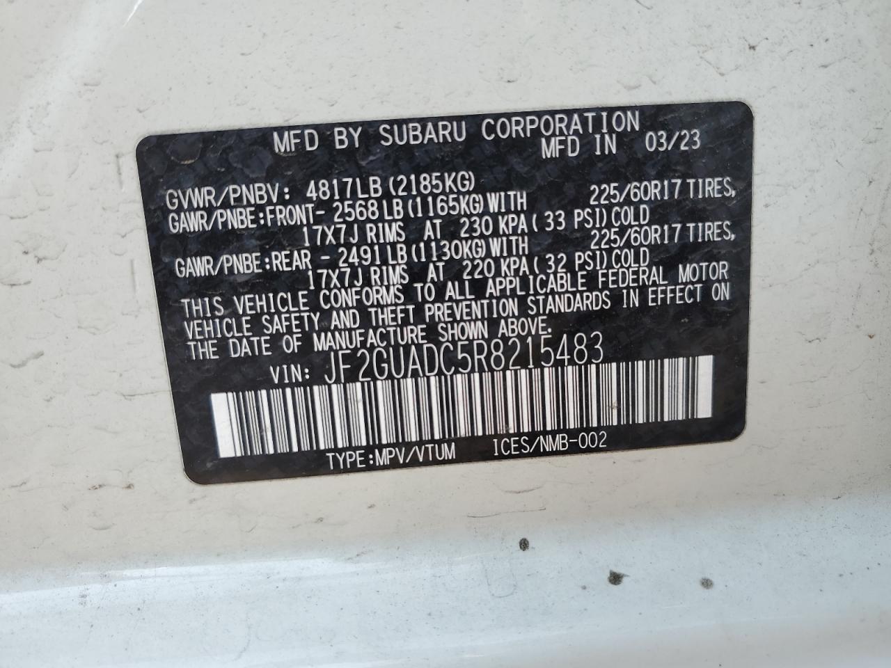 2024 SUBARU CROSSTREK PREMIUM VIN:JF2GUADC5R8215483