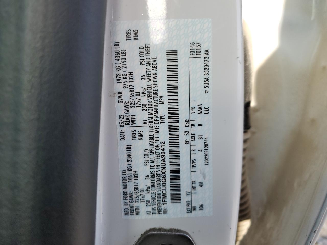 2022 FORD ESCAPE SE VIN:1FMCU0G6XNUA90412