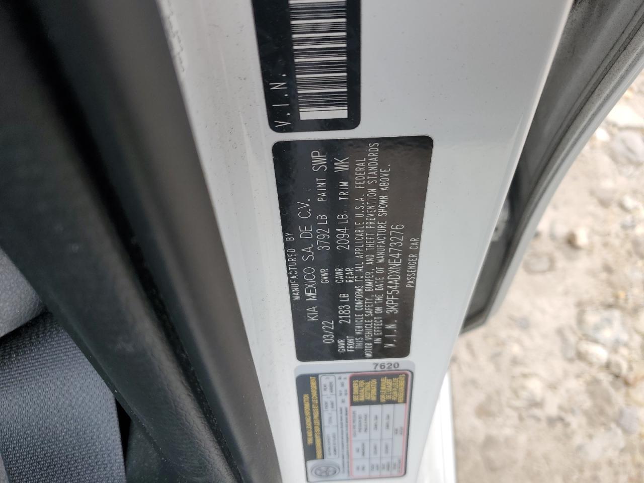 2022 KIA FORTE GT LINE VIN:3KPF54ADXNE473276
