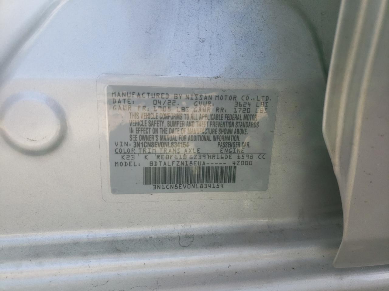 2022 NISSAN VERSA SV VIN:3N1CN8EV0NL834154