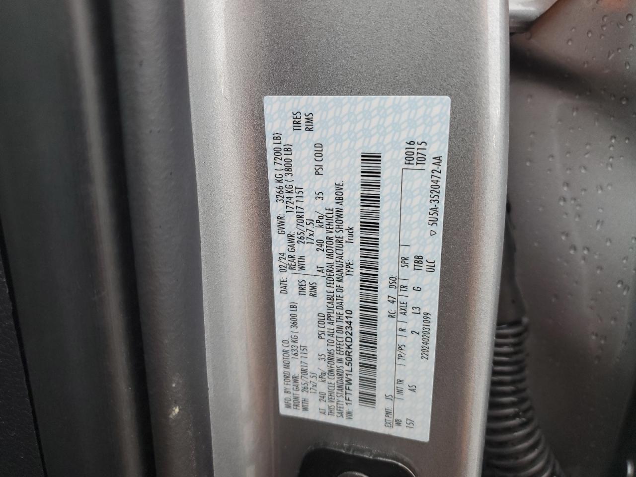 2024 FORD F150 XL VIN:1FTFW1L50RKD23410