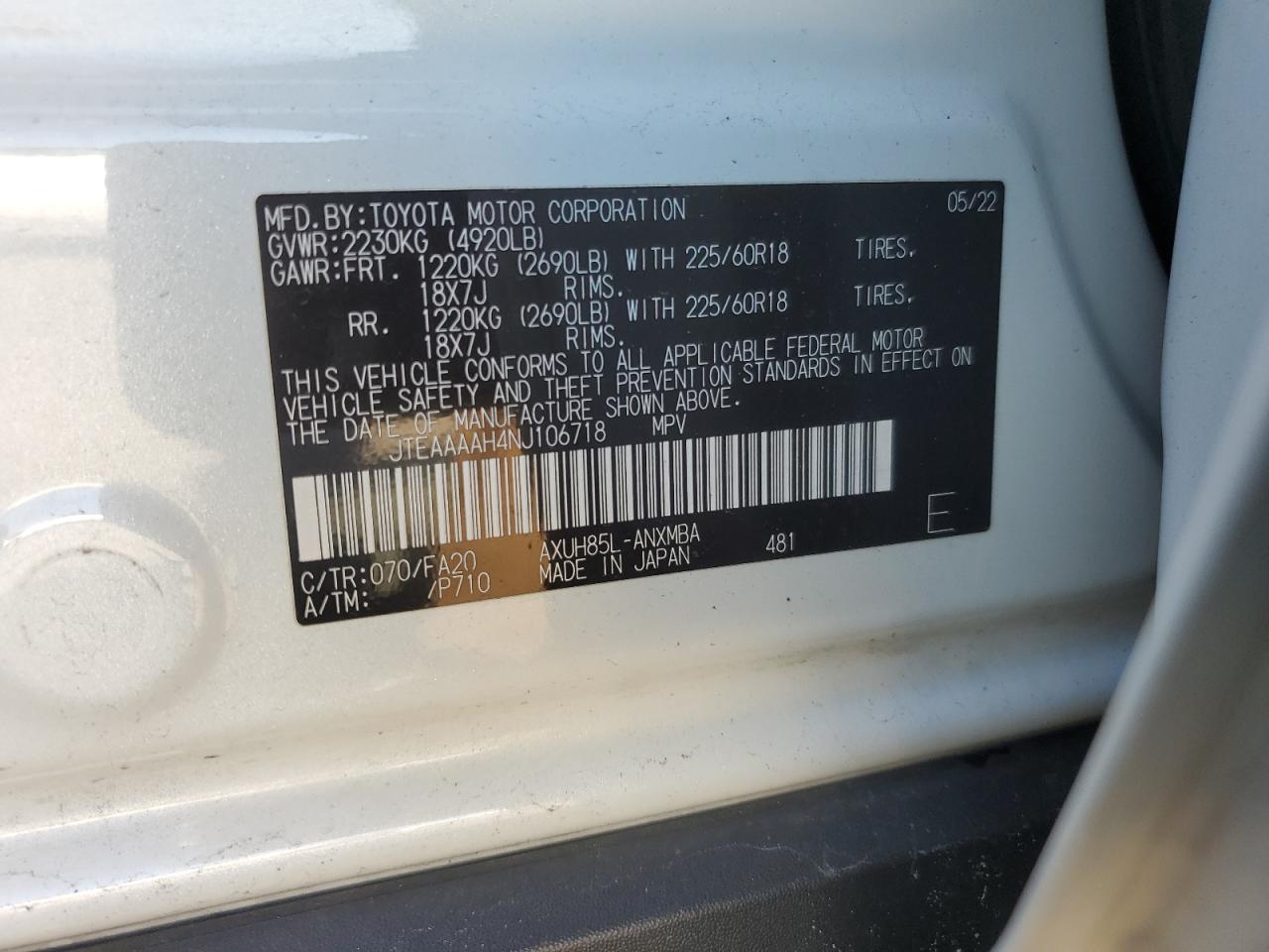 2022 TOYOTA VENZA LE VIN:JTEAAAAH4NJ106718