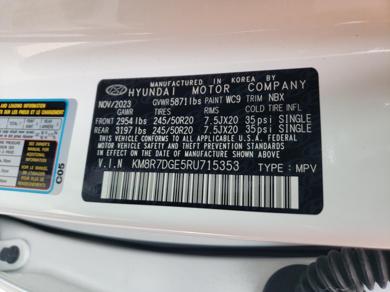 2024 HYUNDAI PALISADE CALLIGRAPHY VIN:KM8R7DGE5RU715353