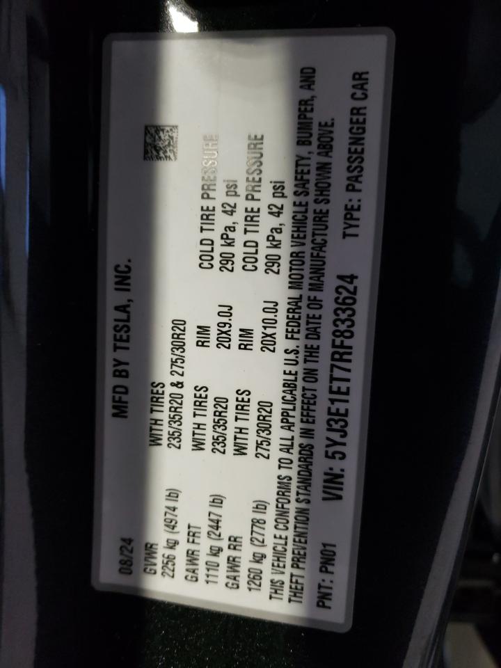 2024 TESLA MODEL 3 VIN:5YJ3E1ET7RF833624