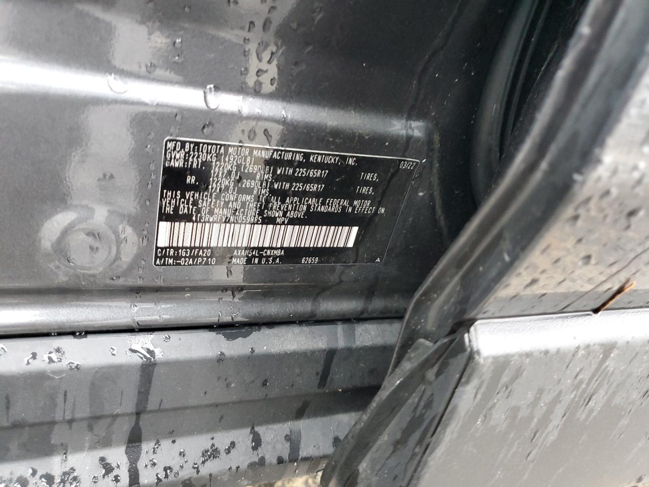 2022 TOYOTA RAV4 XLE VIN:4T3RWRFV7NU059885