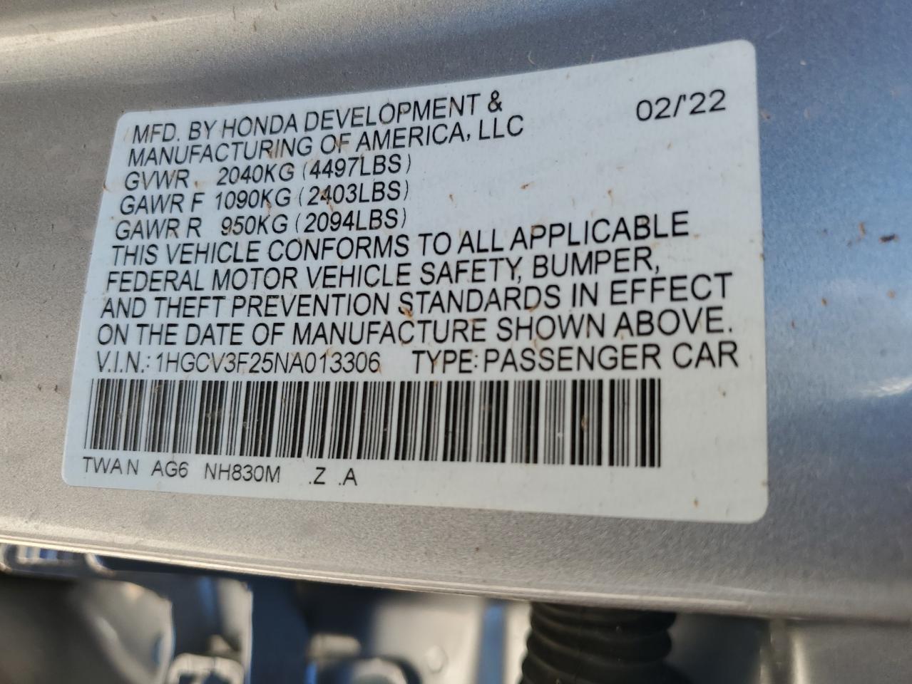2022 HONDA ACCORD HYBRID SPORT VIN:WA1AECF39L1114368