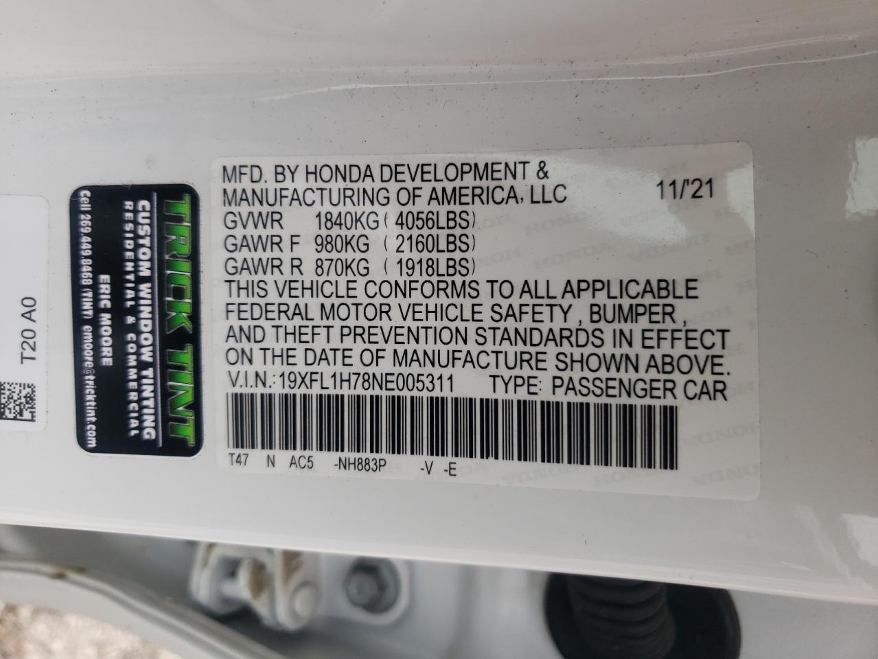 2022 HONDA CIVIC EXL VIN:19XFL1H78NE005311