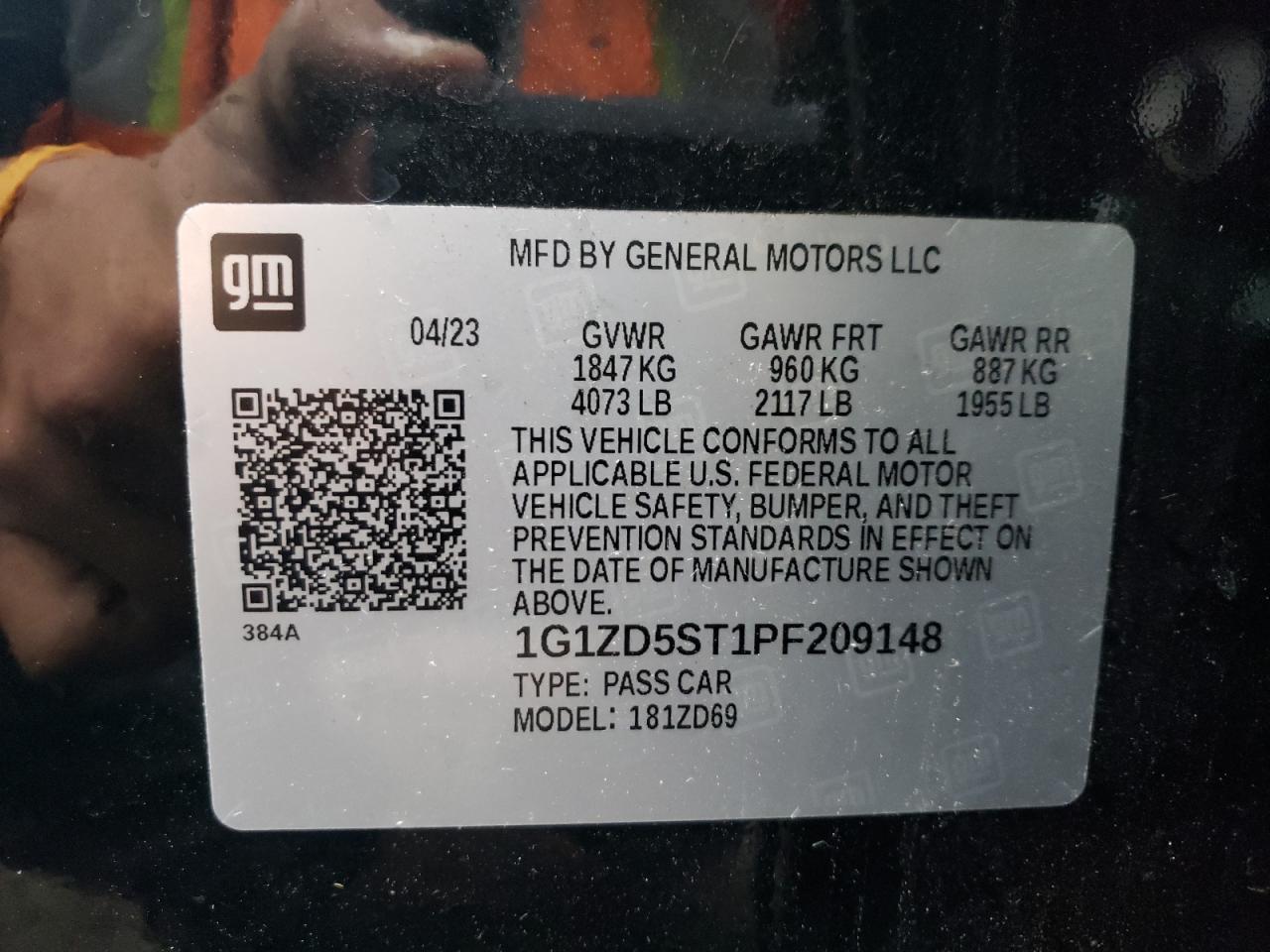 2023 CHEVROLET MALIBU LT VIN:1G1ZD5ST1PF209148