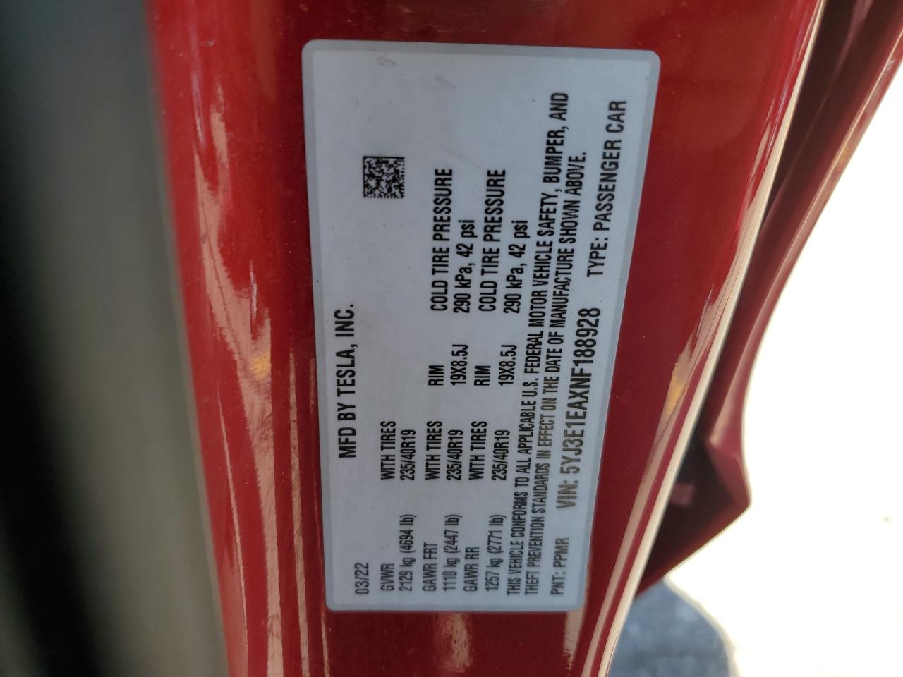 2022 TESLA MODEL 3 VIN:5YJ3E1EAXNF188928