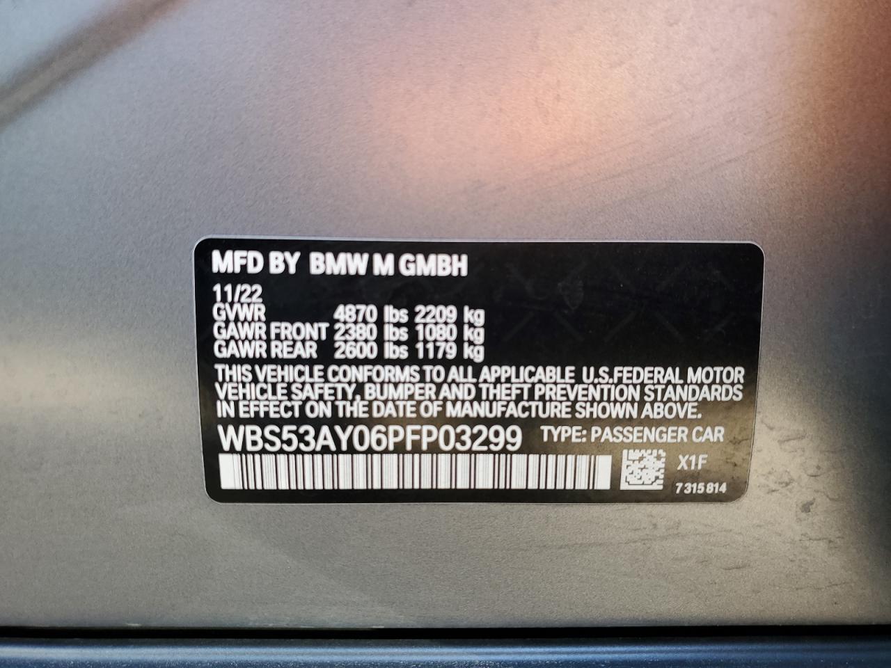 2023 BMW M3 VIN:WBS53AY06PFP03299