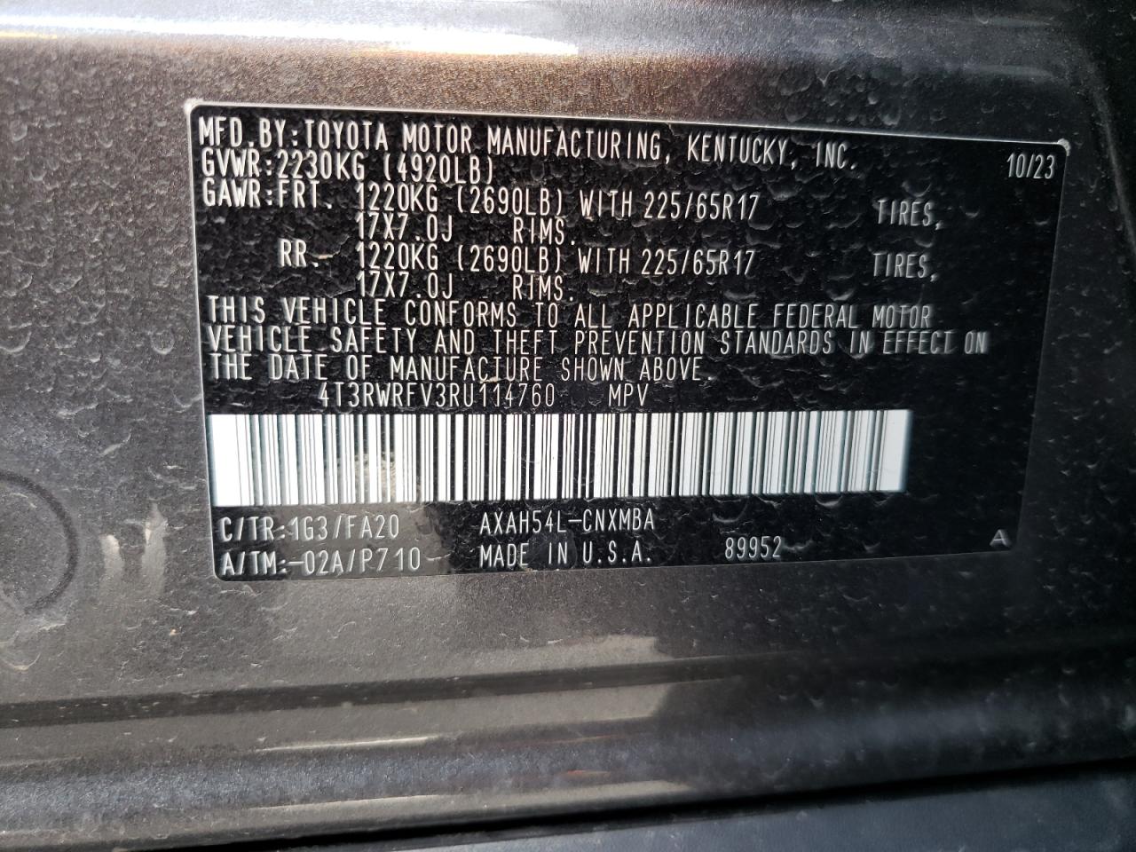 2024 TOYOTA RAV4 XLE VIN:4T3RWRFV3RU114760