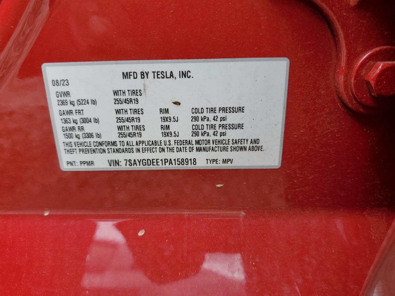 2023 TESLA MODEL Y VIN:7SAYGDEE1PA158918
