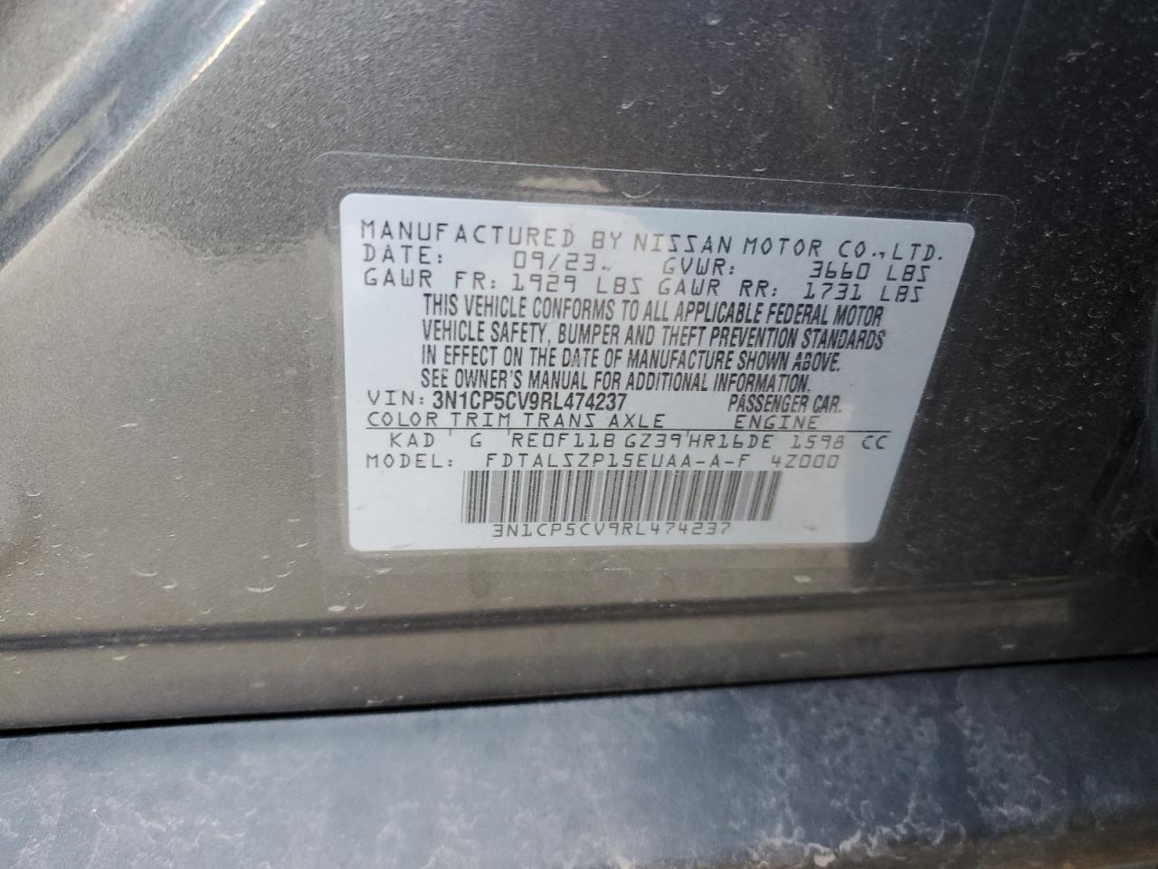 2024 NISSAN KICKS SV VIN:3N1CP5CV9RL474237