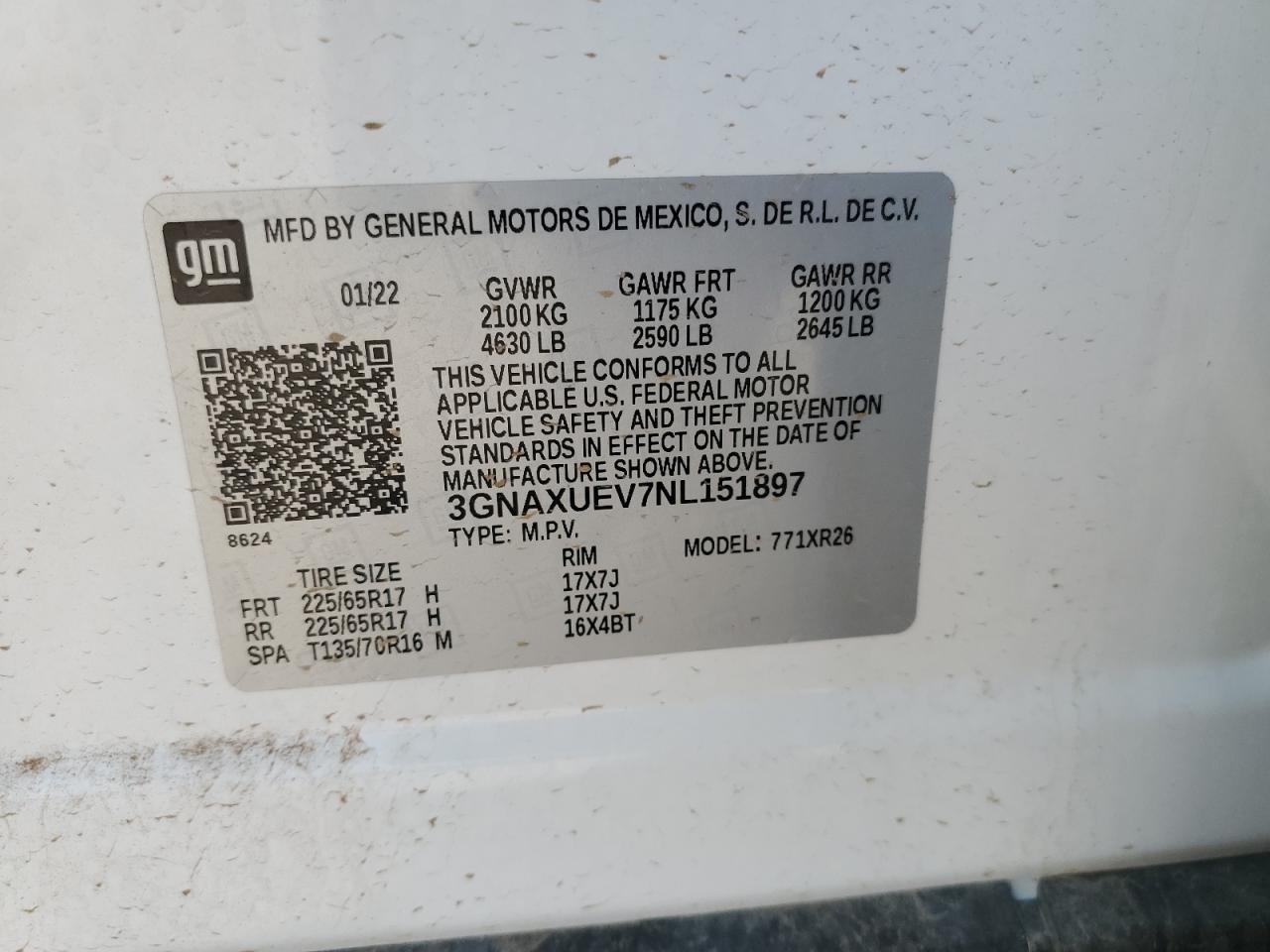 2022 CHEVROLET EQUINOX LT VIN:3GNAXUEV7NL151897