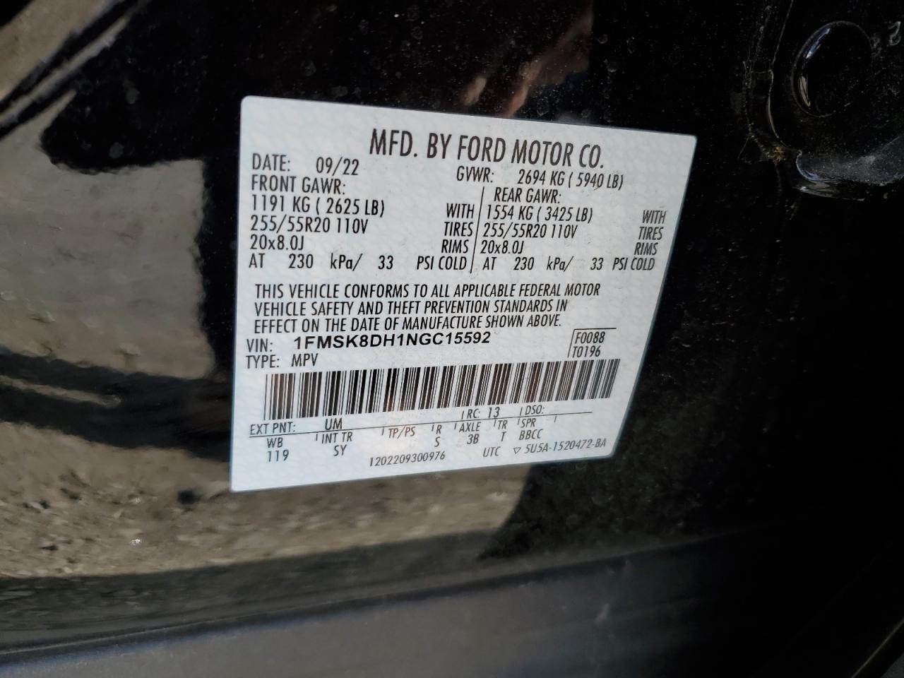 2022 FORD EXPLORER XLT VIN:1FMSK8DH1NGC15592