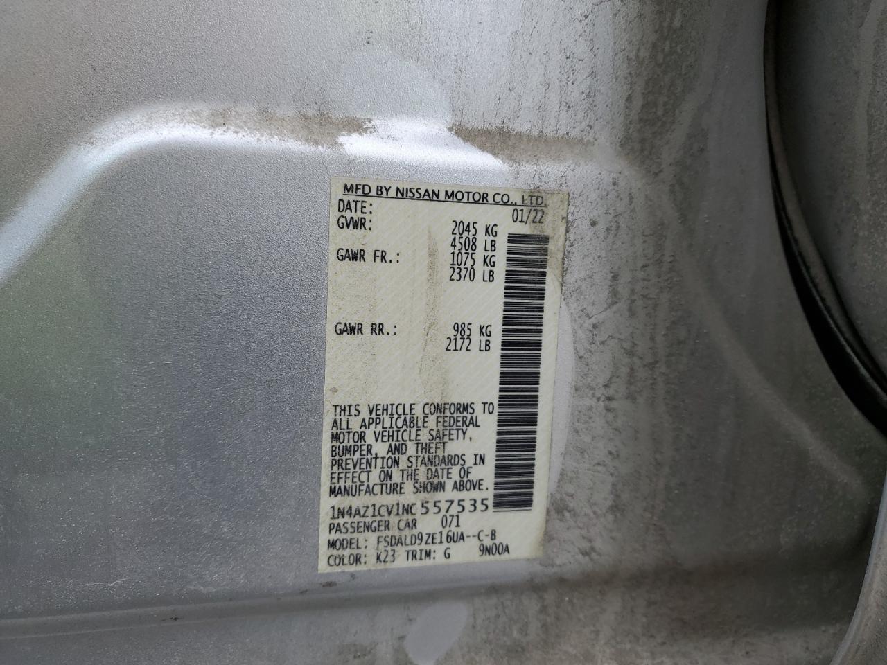 2022 NISSAN LEAF SV VIN:1N4AZ1CV1NC557535
