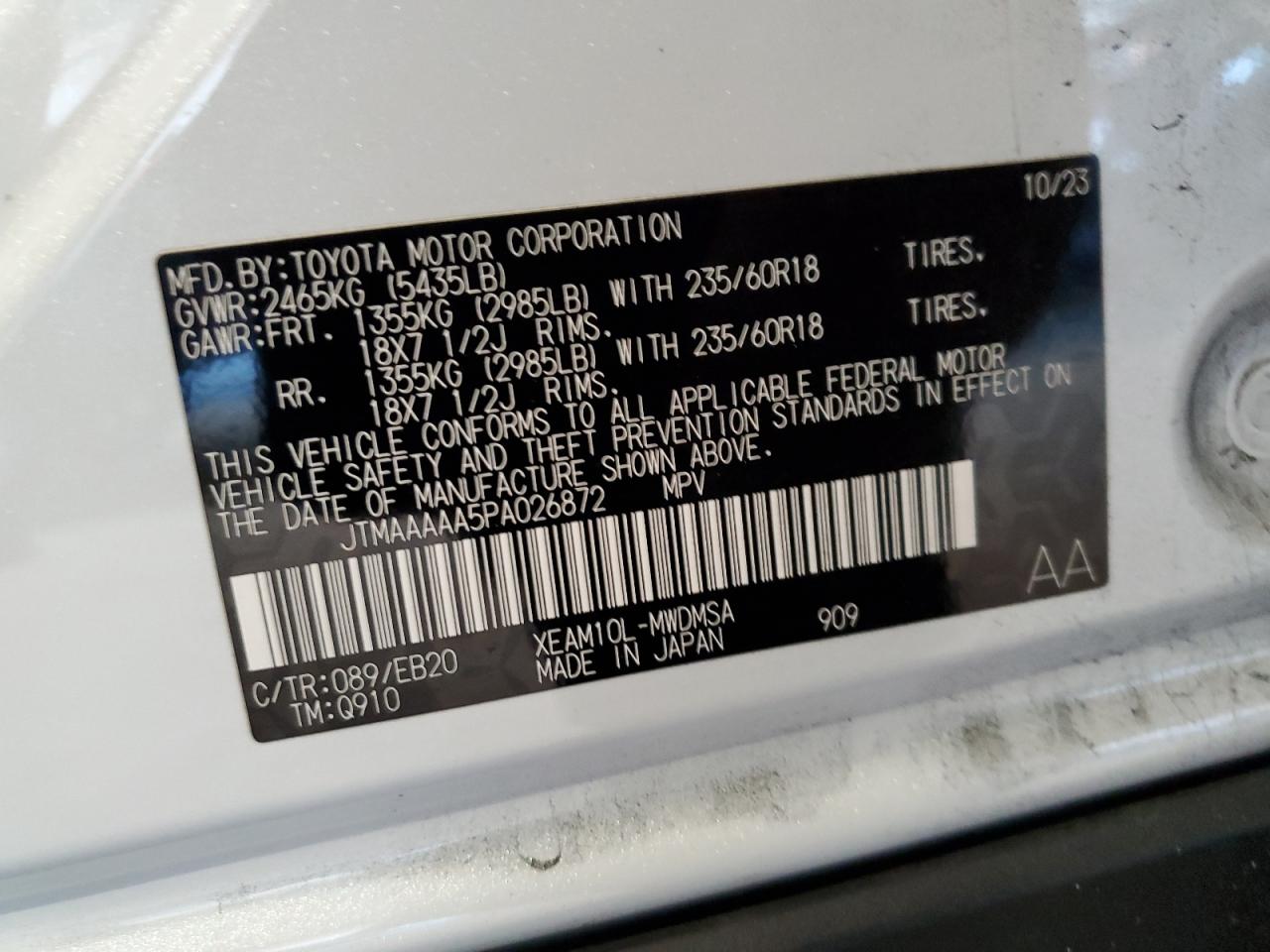 2023 TOYOTA BZ4X XLE VIN:JTMAAAAA5PA026872