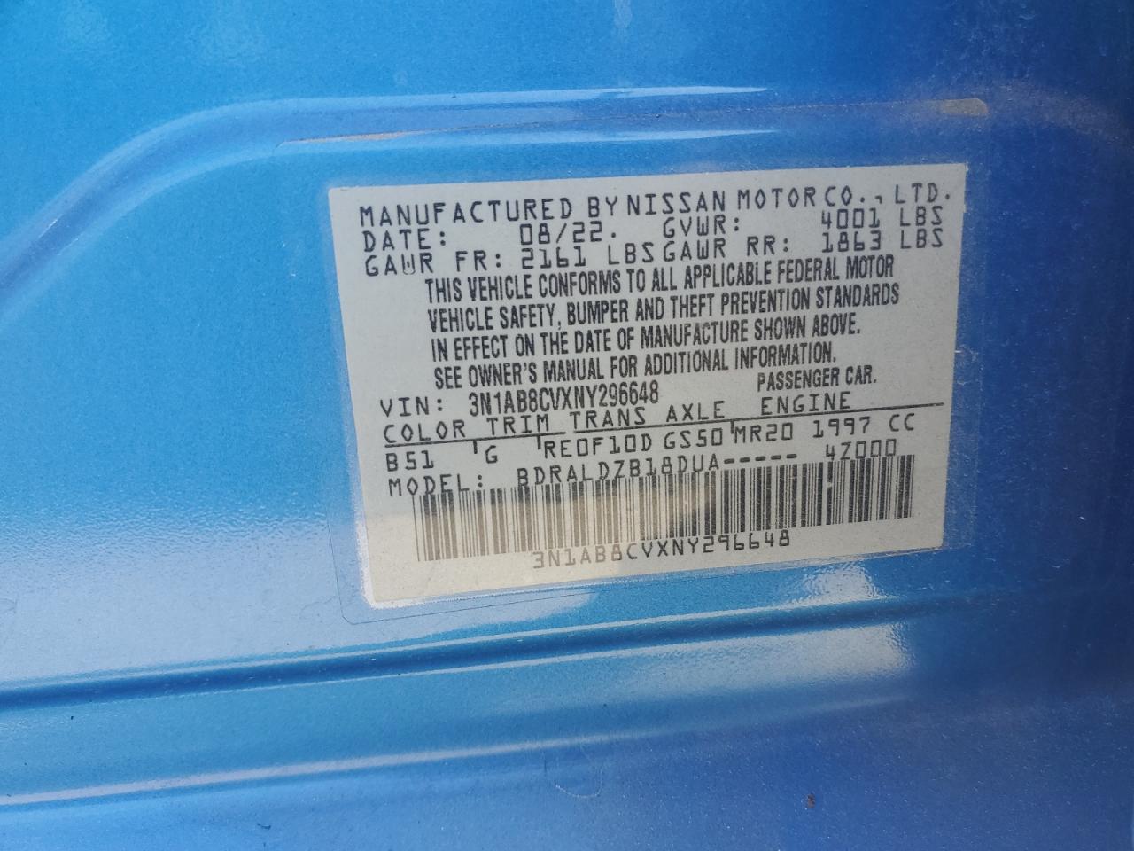 2022 NISSAN SENTRA SV VIN:3N1AB8CVXNY296648