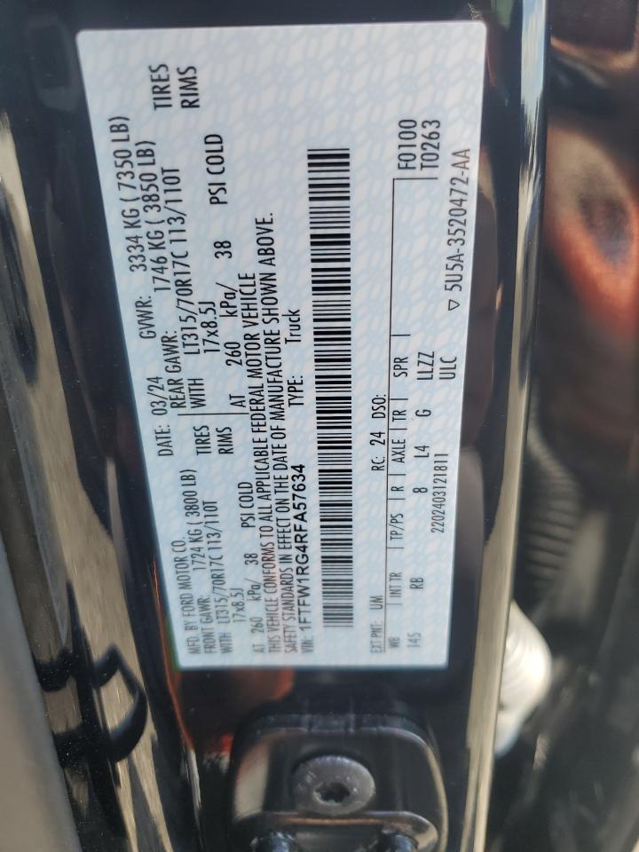 2024 FORD F150 RAPTOR VIN:1FTFW1RG4RFA57634