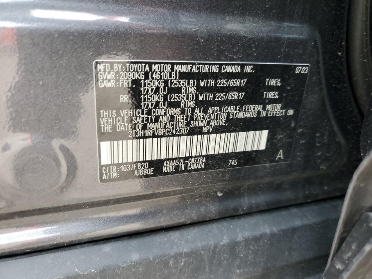 2023 TOYOTA RAV4 LE VIN:2T3H1RFV8PC242307