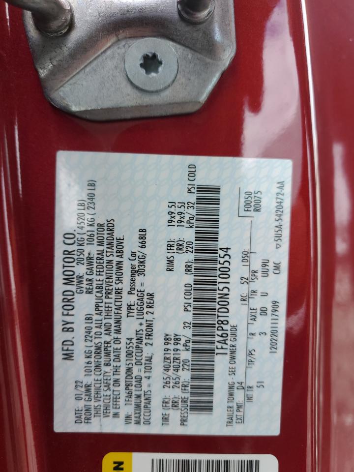 2022 FORD MUSTANG VIN:1FA6P8TD0N5100554
