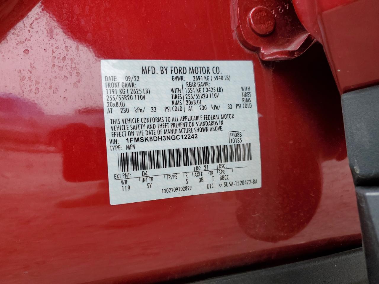 2022 FORD EXPLORER XLT VIN:1FMSK8DH3NGC12242