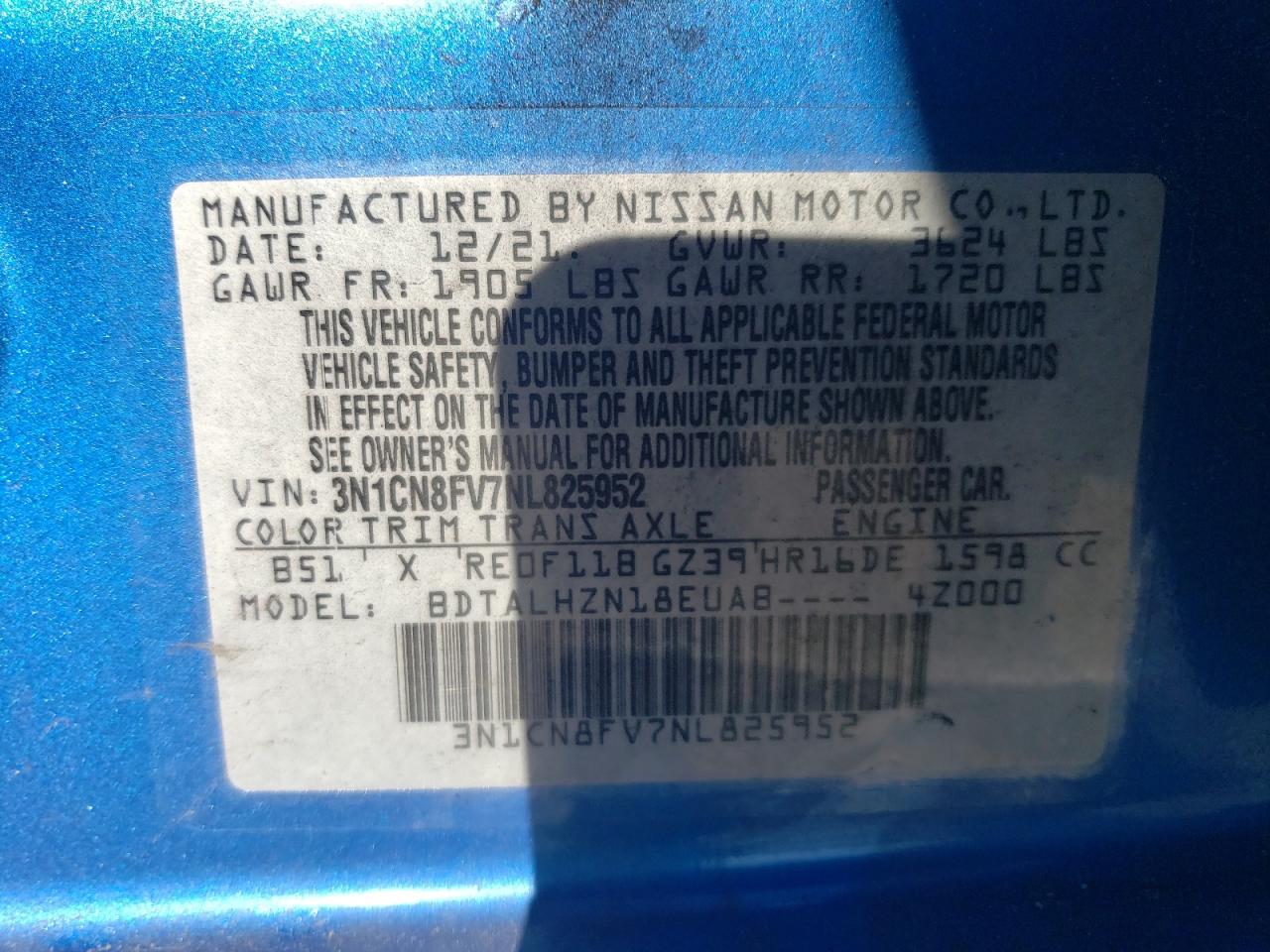 2022 NISSAN VERSA SR VIN:3N1CN8FV7NL825952