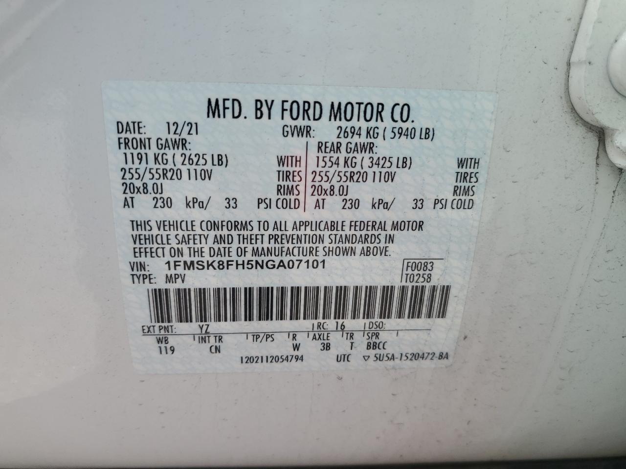 2022 FORD EXPLORER LIMITED VIN:1FMSK8FH5NGA07101