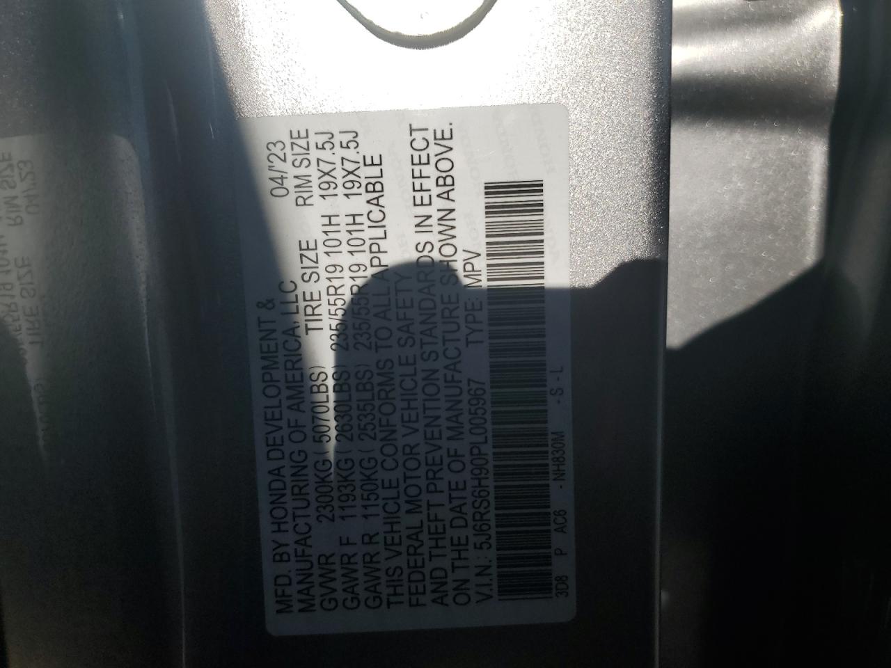 2023 HONDA CR-V SPORT TOURING VIN:5J6RS6H90PL005967