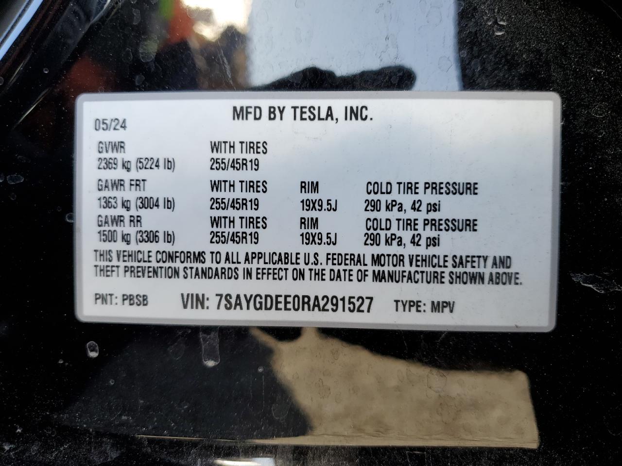 2024 TESLA MODEL Y VIN:7SAYGDEE0RA291527