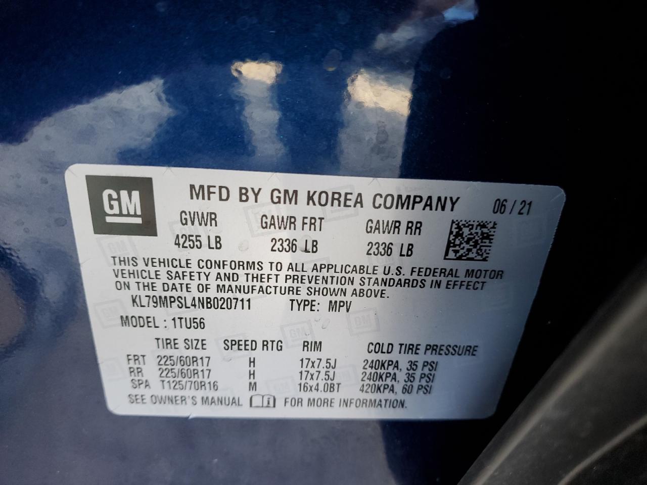 2022 CHEVROLET TRAILBLAZER LT VIN:KL79MPSL4NB020711