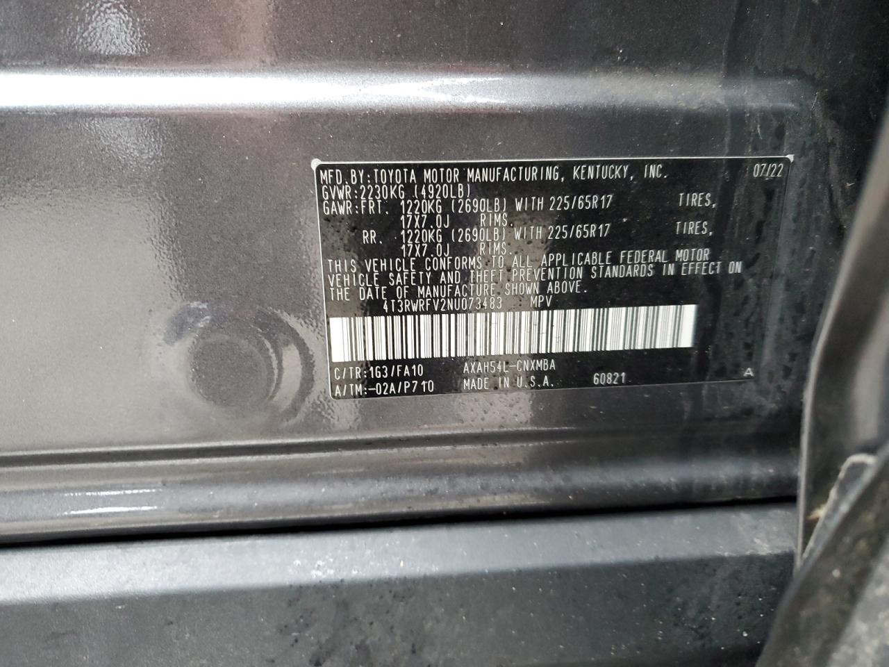 2022 TOYOTA RAV4 XLE VIN:4T3RWRFV2NU73483