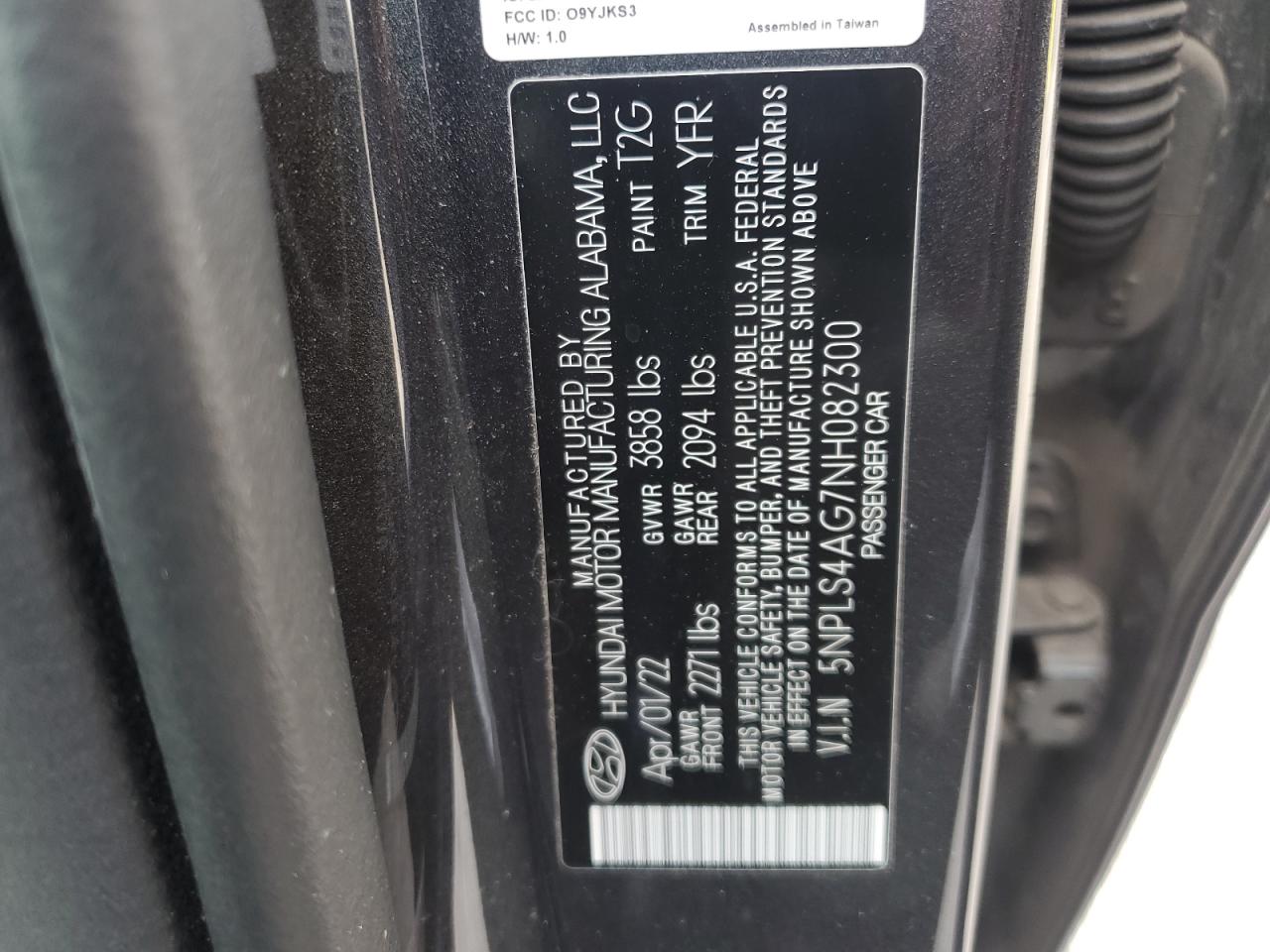 2022 HYUNDAI ELANTRA SEL VIN:5NPLS4AG7NH082300