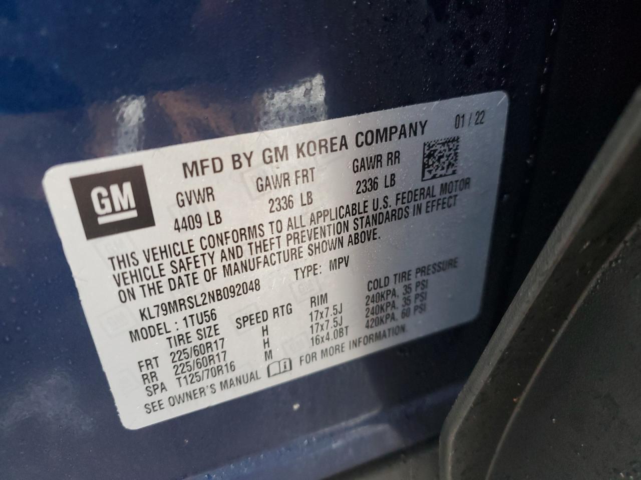 2022 CHEVROLET TRAILBLAZER LT VIN:KL79MRSL2NB092048