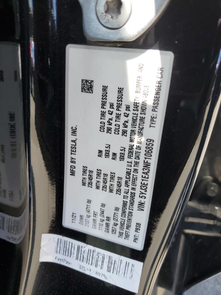 2022 TESLA MODEL 3 VIN:5YJ3E1EA3NF106859