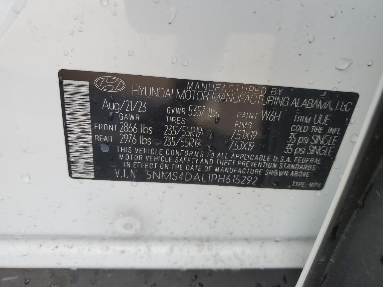 2023 HYUNDAI SANTA FE LIMITED VIN:5NMS4DAL1PH615292