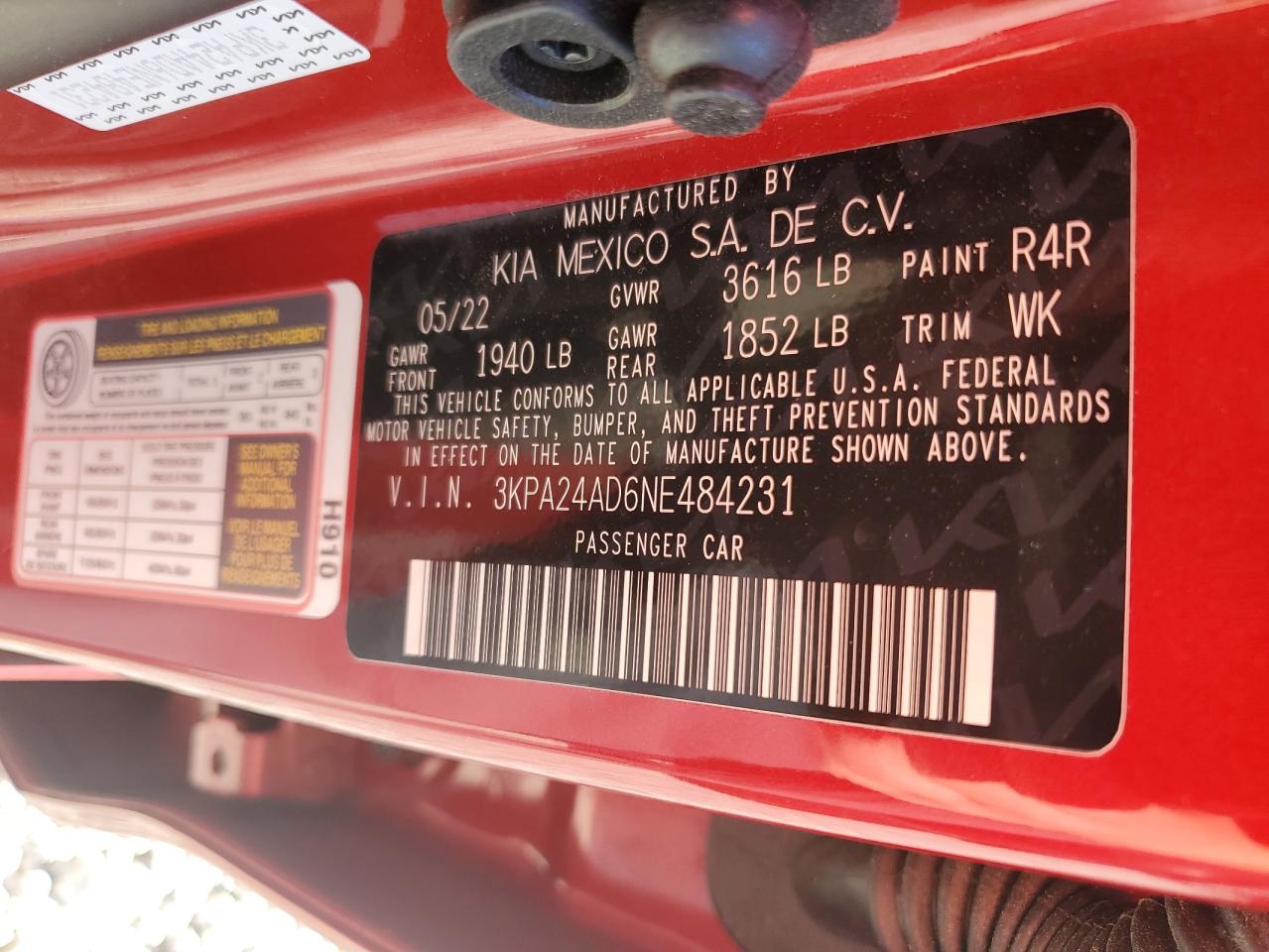 2022 KIA RIO LX VIN:3KPA24AD6NE484231