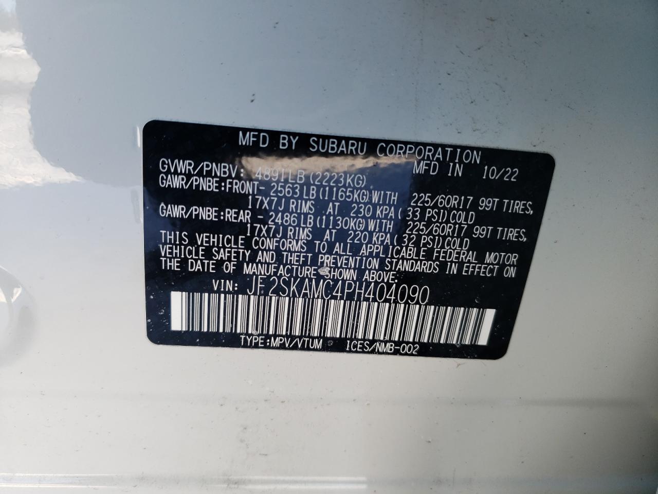 2023 SUBARU FORESTER WILDERNESS VIN:JF2SKAMC4PH404090