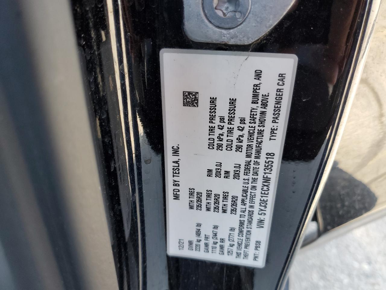 2022 TESLA MODEL 3 VIN:5YJ3E1ECXNF135518